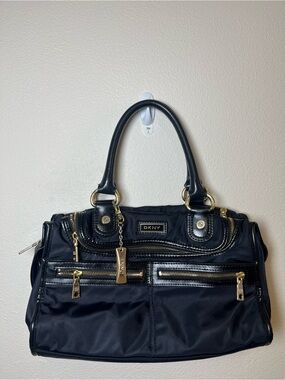 DKNY Y2K Black Nylon Shoulder Bag with Gold Hardware